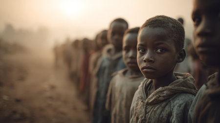 African child poverty rural line hope sunrise hardship community resilience dusty emotional outdoor group waiting childhood morning sunlightの素材