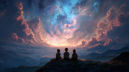 Three children sit on mountain at dusk, gazing at vibrant, colorful sky filled with stars and glowing clouds, evoking wonder and aweの素材