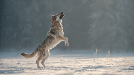 Dog snow winter playful jumping outdoor animal nature cold forest playful dog jumps energetically snowy winter landscape surrounded by sereneの素材