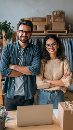 Young man and woman standing together smiling in small clothing store, casual style, arms crossed, confident moodの素材