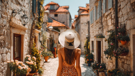 Woman in summer dress and wide brimmed hat walking through charming old stone street with flowers, feeling relaxed and joyfulの素材