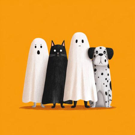 Ghost cat dog costume Halloween orange funny cute animal playful group in Halloween costumes on orange backgroundの素材