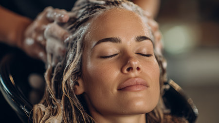 Woman relaxing during hair wash salon beauty treatment closed eyes foam professional care healthy hair peaceful expressionの素材