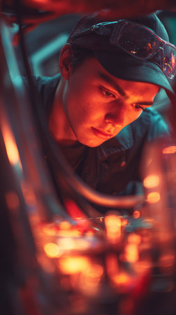 Young man mechanic cap safety glasses focused working machinery workshop orange light concentrationの素材