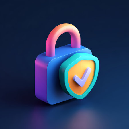 Colorful padlock with shield and checkmark symbolizing security, protection, privacy, safety, trust, and data encryption on dark backgroundの素材