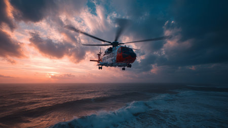 Helicopter rescue ocean sunset dramatic sky emergency flying waves clouds. rescue helicopter flies over rough ocean waves sunset creating dramaticの素材