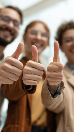 Three people giving thumbs up, smiling, wearing casual clothing, close up, positive mood, blurred background, indoor settingの素材