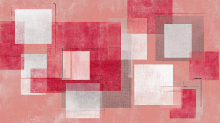 Abstract geometric art with overlapping red, pink, and white rectangles on textured background, modern and minimalistic styleの素材
