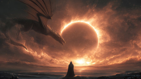 Hooded figure stands before dramatic solar eclipse, fiery sky, and large dragon, evoking fantasy and awe inspiring atmosphereの素材