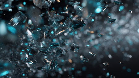 Shattered glass pieces flying in midair, sharp fragments, blue highlights, dynamic motion, dramatic and chaotic atmosphereの素材