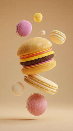 Floating colorful macaron and cookie sandwich with chocolate and cream filling, playful dessert concept, beige backgroundの素材