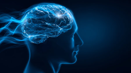 Human brain glowing neural network blue digital profile intelligence science technology abstract futuristic creative concept mind thinking energyの素材