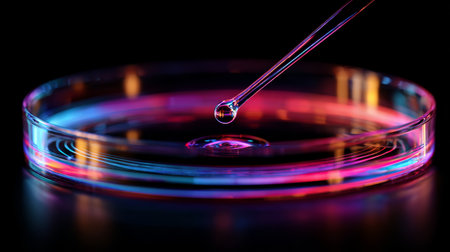 Petri dish pipette droplet laboratory science experiment colorful liquid research closeup glowing medical technology innovationの素材