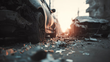 Wrecked car broken glass damaged vehicle urban street debris destruction dramatic sunset aftermath accidentの素材