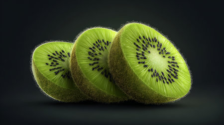 Kiwi fruit green slice fresh juicy healthy tropical sweet vibrant Juicy green kiwi fruit slices arranged row showing vibrant color and freshの素材