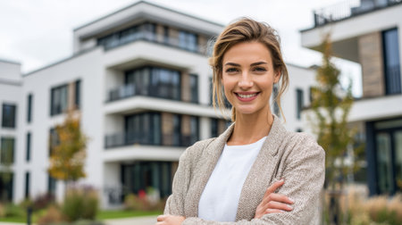 Confident young woman standing outdoors in front of modern apartment building, smiling, casual style, urban lifestyleの素材