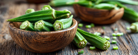 Fresh okra in wooden bowl, green vegetable on rustic wooden table, healthy organic food, raw ingredient for cooking, natural textureの素材