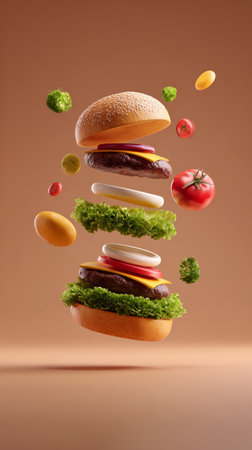 Floating burger bun beef patty lettuce tomato onion cheese and vegetables on brown background creative food conceptの素材