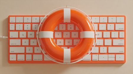 Orange keyboard white key orange lifebuoy computer accessory office desk technology safety creative minimal workspace. An orange lifebuoy placedの素材