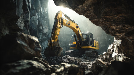 Excavator construction machinery quarry rock industrial heavy equipment digging sunlight Powerful yellow excavator working rocky quarry sunlightの素材