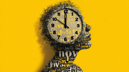 Silhouette head filled with motivational words and clock face, symbolizing time management and positive mindsetの素材