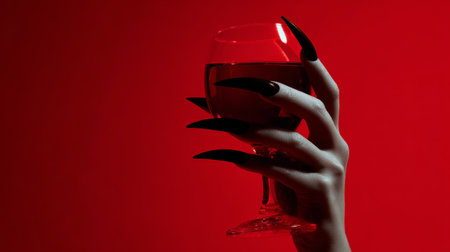 Long black nails female hand wine glass red background elegant gothic moody dramatic mysterious fashionの素材