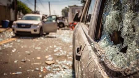 Shattered glass car accident street damaged vehicle debris broken window Shattered glass and damaged car after accident street debris scatteredの素材