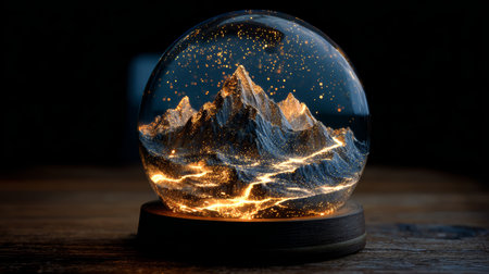 Mountain snow glass globe glowing light wooden base magical fantasy. glowing mountain scene inside glass globe with snow and golden light createsの素材