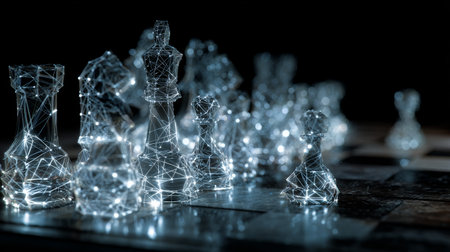 Futuristic chess piece glowing wireframe digital network technology strategy artificial intelligence innovation dark backgroundの素材