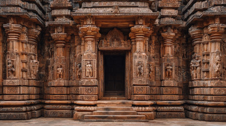 Ancient temple entrance, intricate stone carving, detailed sculpture, historic architecture, cultural heritage, spiritual atmosphereの素材