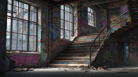 Abandoned building graffiti broken window concrete stair urban decay sunlight derelict grunge moody empty interiorの素材