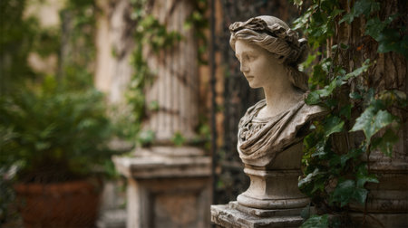 Classical sculpture stone bust ivy ancient architecture serene outdoor garden detailed weathered historicalの素材