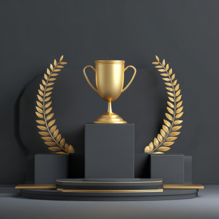 Golden trophy laurel wreath black podium award celebration achievement success luxury elegant competitionの素材