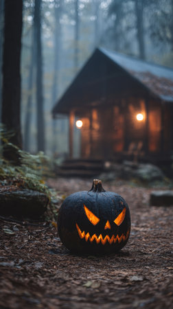Black pumpkin jack o lantern glowing face forest autumn spooky Halloween cabin misty evening black jack o lantern with glowing face sits forestの素材