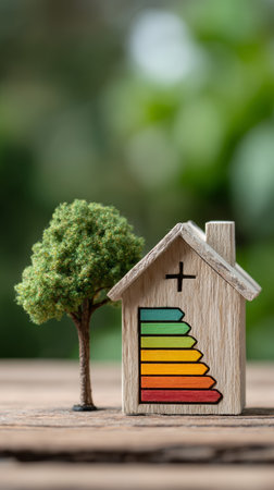Wooden house model energy efficiency rating green tree eco friendly sustainable environment home concept nature wooden table. image conveysの素材