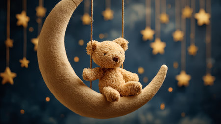 Teddy bear plush moon swing star night dreamy cute childhood fantasy plush teddy bear sits crescent moon swing surrounded by glowing starsの素材