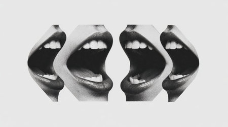 Mouth teeth lips open talking communication black and white collage expression vocal Four open mouths with visible teeth and lips black and whiteの素材