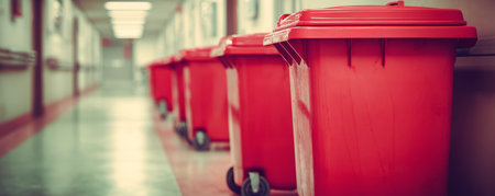Red bin hospital corridor waste medical container sanitation healthcare clean safety. Red bins line hospital corridor for medical waste disposalの素材