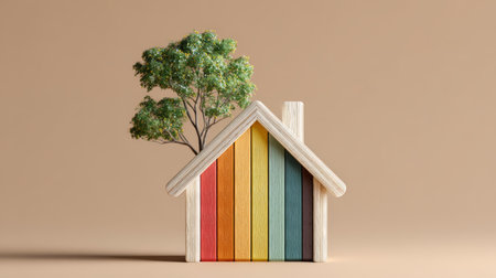 Colorful wooden house model with rainbow stripes and green tree, symbolizing eco friendly, sustainable, and inclusive home designの素材