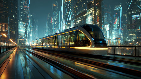 Futuristic cityscape modern train night neon lights urban transportation technology illuminated sleek vibrant dynamic sceneの素材