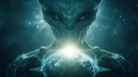 Alien extraterrestrial science fiction space earth cosmic mysterious glowing hands galaxyの素材