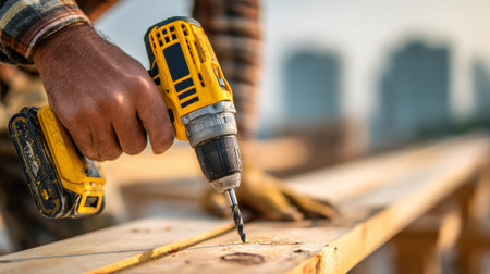 Hand holding yellow cordless drill, drilling into wooden plank outdoors, construction site background, focused, hardworking moodの素材