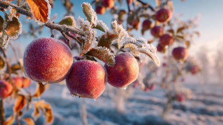Frosty apple winter orchard red fruit icy branch cold morning sunlight nature rural seasonal tranquilの素材