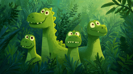 Four green cartoon dinosaurs with big eyes and happy expressions stand together in lush, leafy jungle environmentの素材
