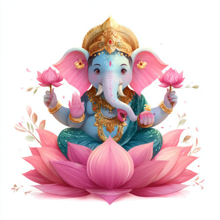 Blue baby elephant deity with gold crown, pink lotus flowers, traditional attire, sitting on large lotus, peaceful and joyful expressionの素材