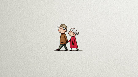 Elderly couple walking hand in hand, wearing casual clothing, simple illustration on white textured backgroundの素材