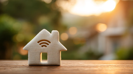 Smart home wireless internet technology house symbol wooden table sunlight modern communication cozyの素材