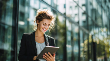 Smiling businesswoman using tablet outside modern glass building, natural light, professional, confident, urban, technology, happyの素材