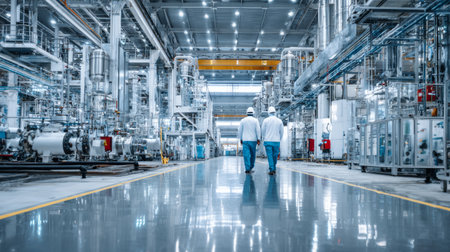 Industrial factory interior worker safety engineering modern machinery technology inspection Two engineers walk through modern industrial factoryの素材
