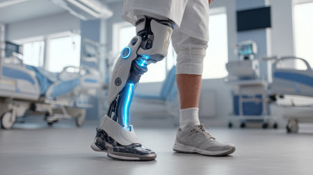 Futuristic prosthetic leg advanced technology medical innovation hospital modern healthcare hope recovery humanの素材